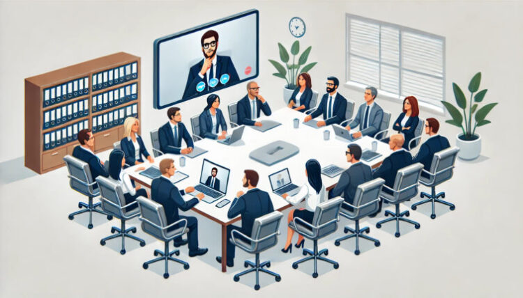A training session with in-person attendees around a conference table and remote participants visible on a large screen in a video call