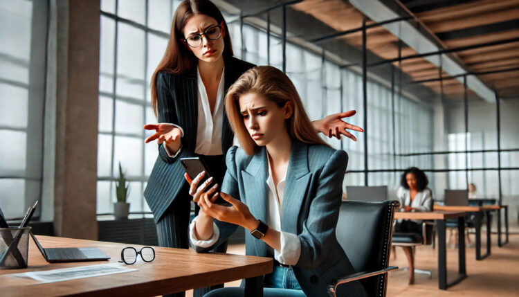 A female trader looking distressed as she reads inappropriate messages