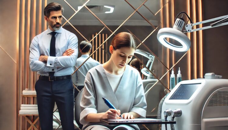 Female Laser Technician With the Owner Hovering Over Her