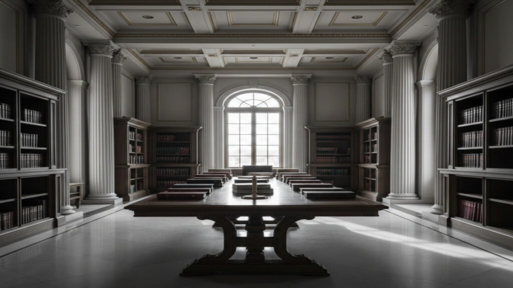 modern neoclassical law library courtroom interior